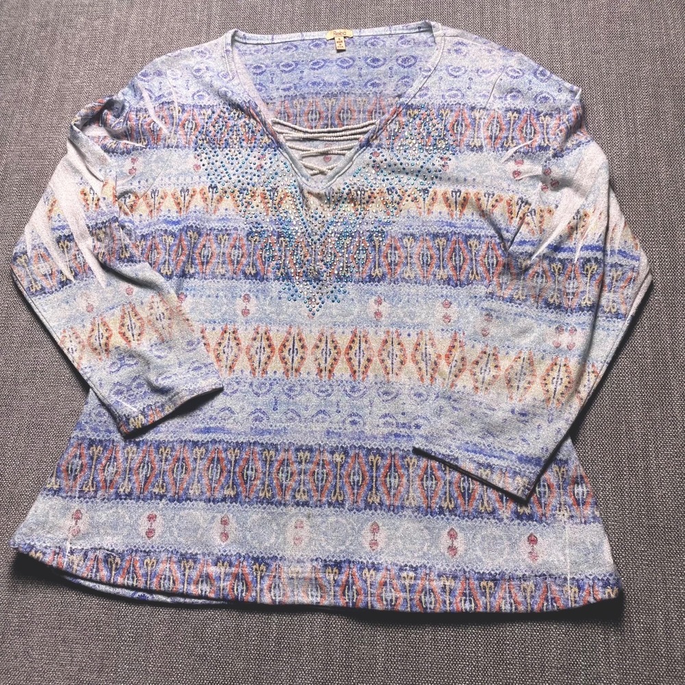 Reba Blouse Top Womens Small Multicolor Printed Rhinestones V Neck Casual 3/4 Sl